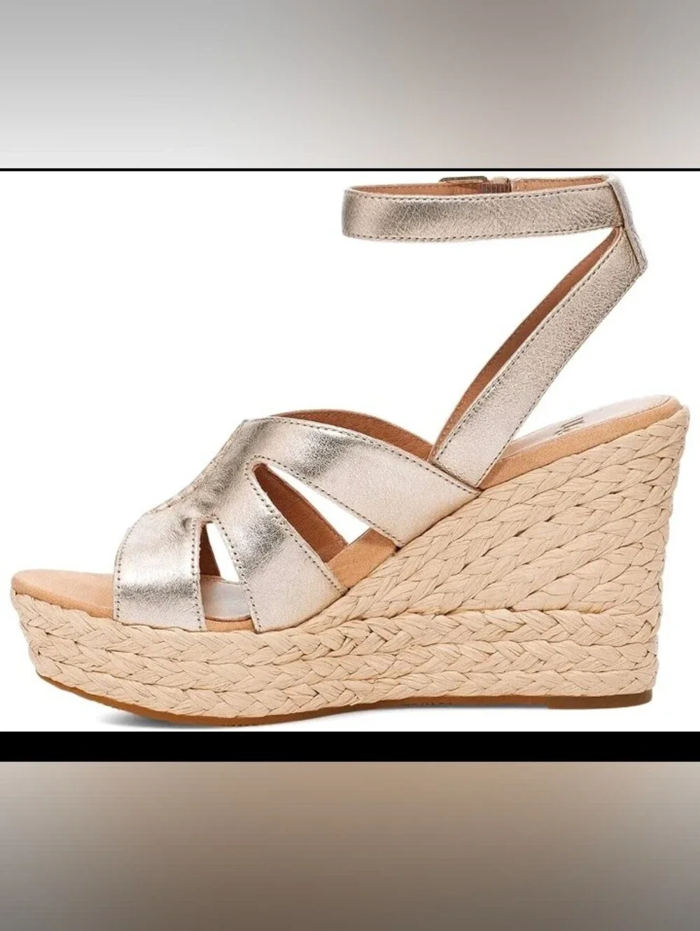 UGG Women's 7.5 Careena Wedge Espadrille Gold Sandals Leather Heel Comfort